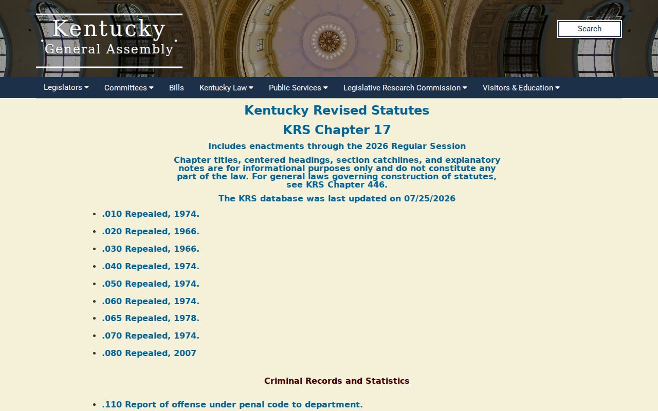 Kentucky General Assembly index for sex offender registry statutes affecting Butler County